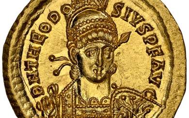 Ancients: , Theodosius II, Eastern Roman Empire (AD 402-450). AV solidus (20mm, 4.48 gm, 7h). NGC Choice MS 5/5 - 4/5, adjusted flan....