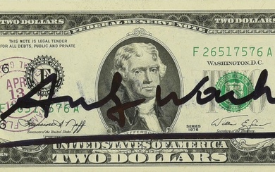 Andy Warhol (1928 - 1987) BILLET DE DEUX DOLLARS (Thomas Jefferson) intervention sur le billet,...