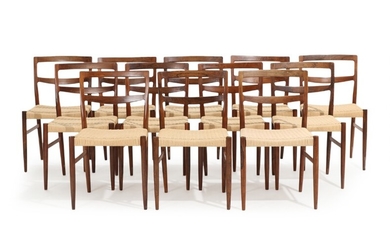 Anker Middelhede: A set of 12 rosewood side chairs with woven papercord in seats. Made by Anker Middelhede. (12)