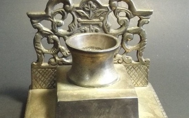 Antique 1870s Gothic Style Inkwell, Silvery Metal