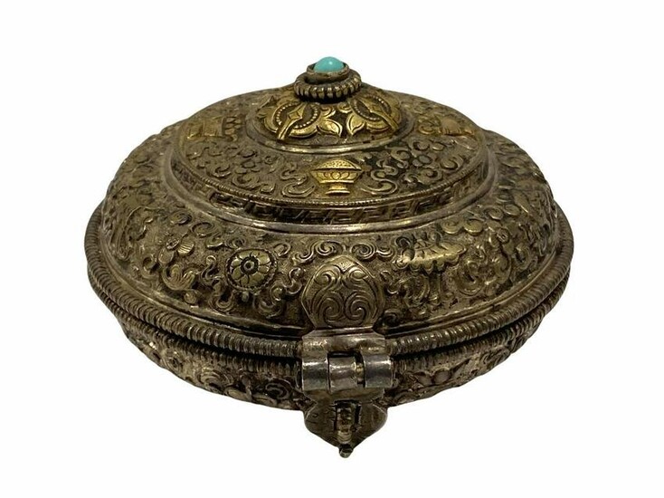Antique Chinese Silver and Turquoise Inlaid Covered Box
