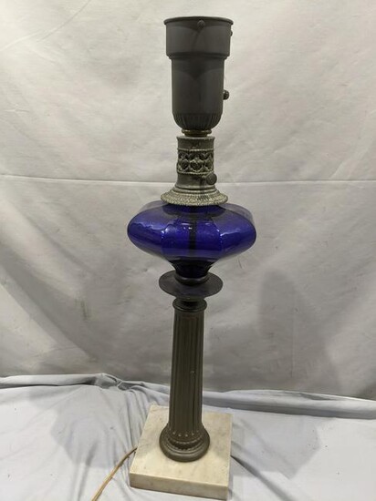 Antique Cobalt Blue Glass Marble & Brass Table Lamp