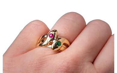 Antique Edwardian Emerald Snake Ring Double Headed Gold...