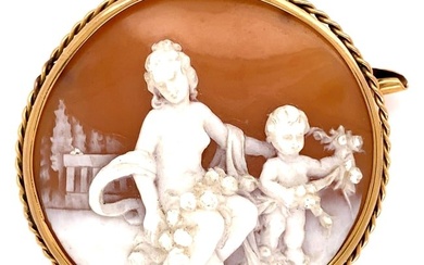 Antique Mother and Cherub Carved Cameo Gold Brooch Pin Estate Fine Jewelry