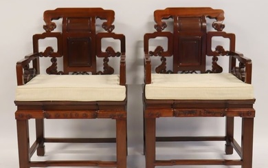 Antique Pair of Carved Chinese Hardwood Armchairs.
