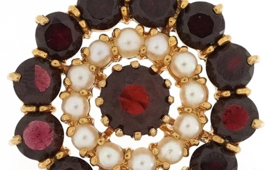 Antique style 9ct gold garnet and seed pearl cluster brooch,...