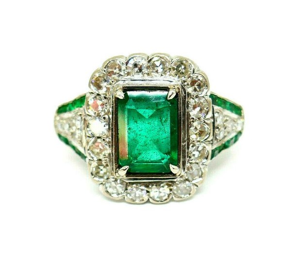 Art Deco 10k White Gold Emerald Diamond Ring