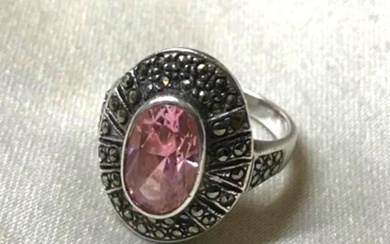Art Deco Pink Topaz Sterling Marcasite Ring