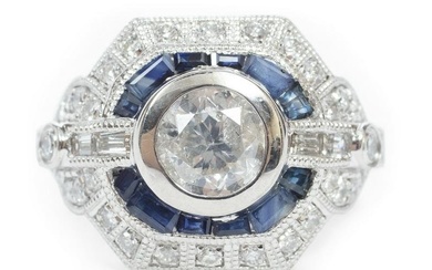 Art Deco Style Platinum, Diamond, Sapphire Ring