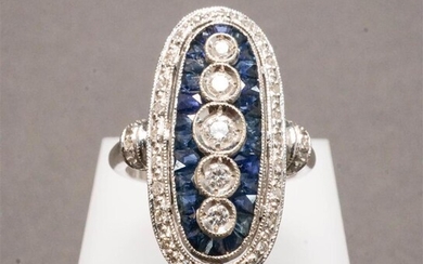 Art Deco Style 14-Karat White-Gold, Diamond and Blue Sapphire Ring, 4.2 gross dwt, Size 7, Length: 1 in