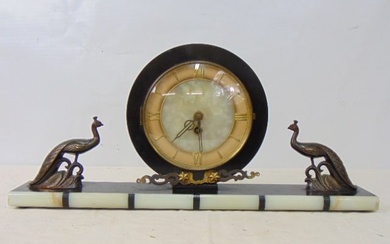 Art Deco marble & onyx mantle clock with peacock decoration, 1930's, movement needs repair, 20.5"