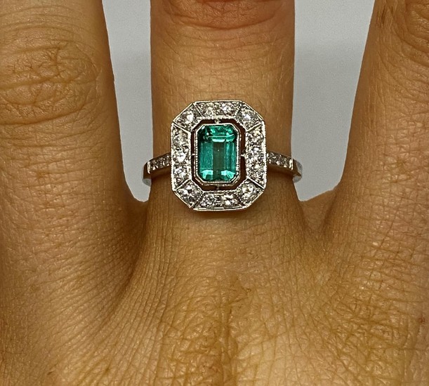 Art Deco platinum emerald and diamond cluster ring .25 carat...
