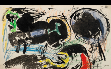 Asger Jorn ( Vejrum 1914 - Arhus 1973 ) , "Untitled" 1959 watercolor and pastel on paper cm 15.5x24 Signed and dated 59 lower right Dedicated on the reverse This...