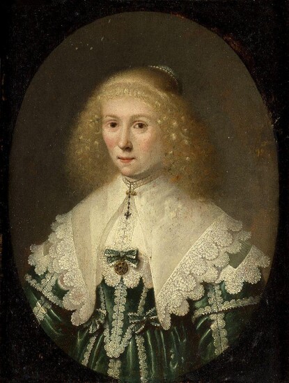 Attributed to Anthonie Palamedesz, Dutch 1601-1673- Portrait of a lady, small-half-length, in a green and white dress with white collar, in a feigned oval; oil on panel, 21.5 x 16.2 cm. Provenance: Anon. sale, Christieâ€™s, London, 12 December...
