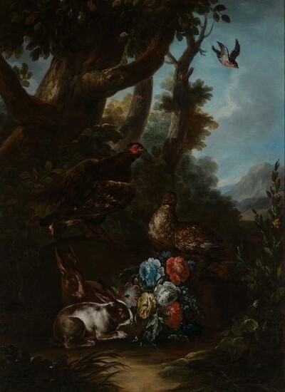 Attributed to Michele Rapous Floral Still Life with Birds in a Landscape