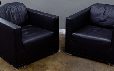 (Attributed to) Molteni Italian Black Leather Armchairs