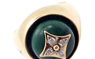 Authentic Louis Vuitton LV 18k Yellow Gold Diamond Malachite Blossom Signet Ring
