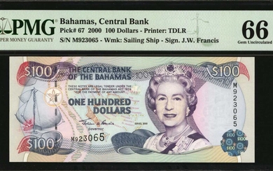 BAHAMAS. Central Bank of the Bahamas. 100 Dollars, 2000. P-67. PMG Gem Uncirculated 66 EPQ.
