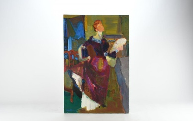 BERTHOMMÉ-SAINT-ANDRÉ, Louis (1905-1977). Femme à l'éventail, huile sur toile signée en bas à gauche. 80,5 x 54 cm.