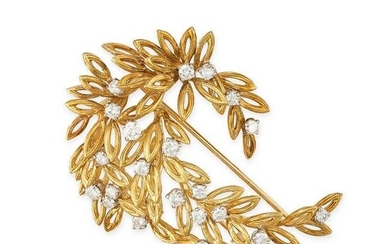 BOUCHERON, A VINTAGE DIAMOND CLIP BROOCH, 1950S in 18ct yellow gold, designed as a spray of leaves
