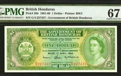 BRITISH HONDURAS. The Government of British Honduras. 1 Dollar, 1961-69. P-28b. PMG Superb Gem Uncirculated 67 EPQ.