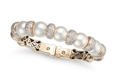 BULGARI, A PEARL AND DIAMOND CUFF BRACELET set with five pearls accented by pave set round brilli...