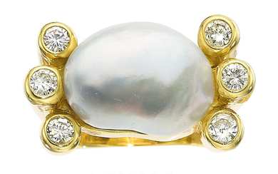 Baroque South Sea Cultured Pearl, Diamond, Gold Ring Stones:...