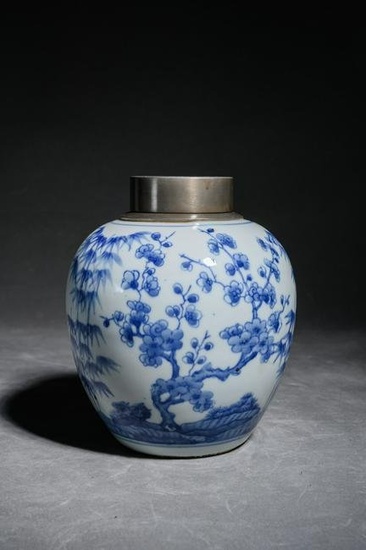 Blue and White Suihan Sanyou Pine, Bamboo and Plum Tin Tea Caddy