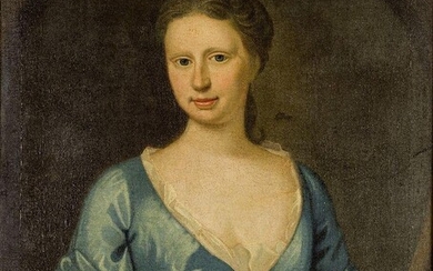 British School, early 18th Century- Portrait of Mrs Thomas Hext, née Gertrude Hawkins (1698-1786) half-length in a blue dress, within a feigned oval; oil on canvas, inscribed 'G Hext' (lower edge), 75.4 x 63.6 cm. Provenance: Tennants, Leyburn, The...