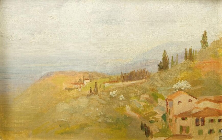 British School, early/mid 20th century- View of a landscape with cypresses; oil on canvas, bears inscribed label for C.D. Soar & Son, Kensington, to the reverse of the stretcher, 23 x 33.2 cm.