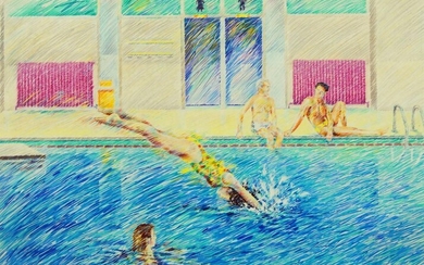 British School, late-20th century- Swimming pool; pastel on paper, 44.5 x 57 cm