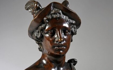 Bronze bust representing Hermes, with a light brown patina, he is represented as a bust with a draped shoulder and wearing his petase.