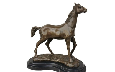 Bronze horse sculpture on a curved marble base