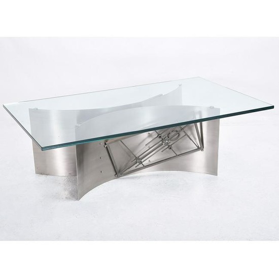 Brutalist Steel and Glass Coffee Table.