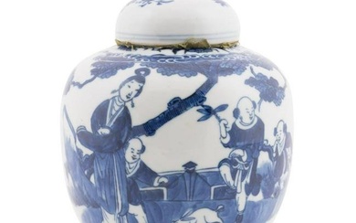 CHINESE BLUE & WHITE FIGURAL LIDDED GINGER JAR