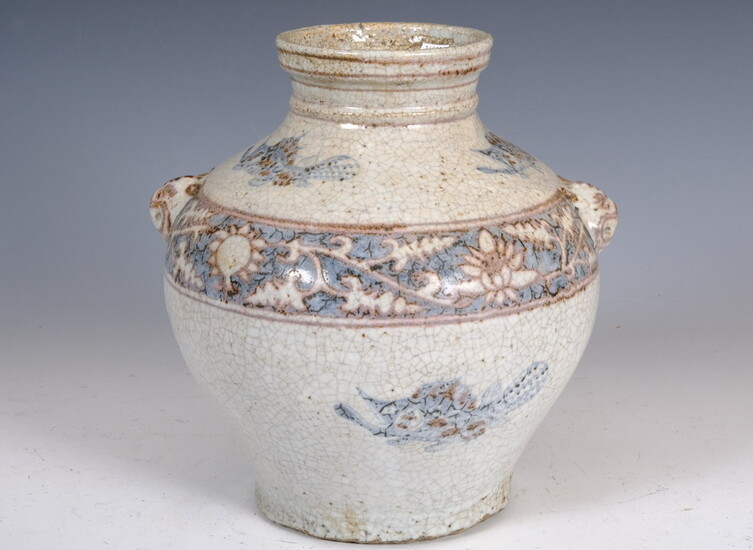 CHINESE CRACKLE-GLAZE PORCELAIN BALUSTER-FORM JAR WITH BROWN AND BLUE FISH...