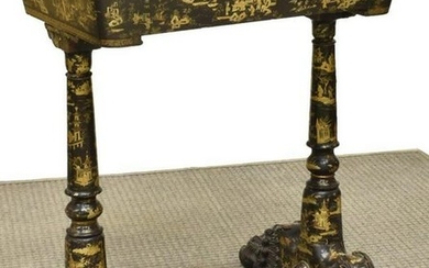CHINESE EXPORT LACQUERED CHINOISERIE SEWING TABLE