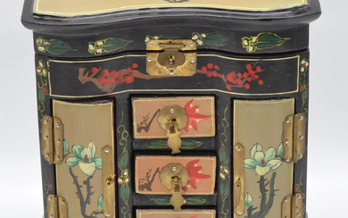 CHINESE JEWELRY CABINET, LANDSCAPE DEPICTION WITH BIRD AND FLOWERS, 1900-1950, WOOD AND COPPER, LACQUER PAINTING, CHINA.