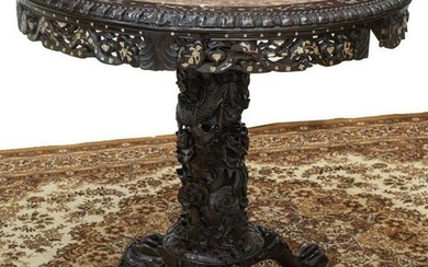 CHINESE MOP INLAY CARVED DRAGON PEDESTAL TABLE