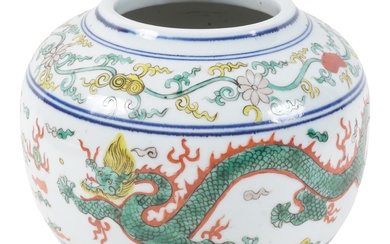 CHINESE WUCAI JAR, WANLI SIX-CHARACTER MARK IN UNDERGLAZE BLUE, LATE QING DYNASTY Height: 5 1/2 in. (14 cm.)
