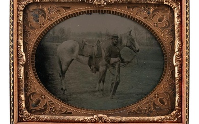 [CIVIL WAR]. Quarter plate tintype featuring a Union cavalryman with his horse.
