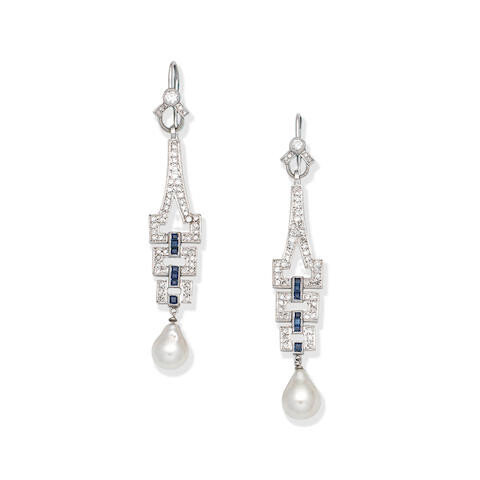 CULTURED PEARL, DIAMOND AND SAPPHIRE EARRINGS
