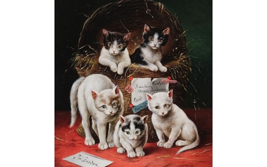 Carl Reichert Vienne 1836 - 1918 Graz "Famille de chats" Huile sur panneau de bois...