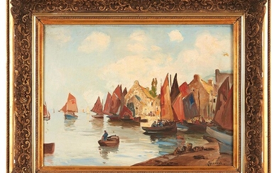 Charles GRANVAL (XIX-XX) Port de pêche Huile sur toile signée en bas à droite 50...