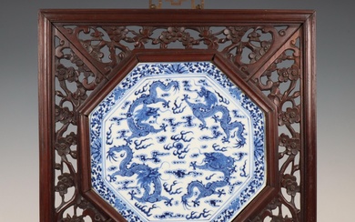 China, a framed blue and white porcelain 'dragon' panel, late Qing dynasty (1644-1912)