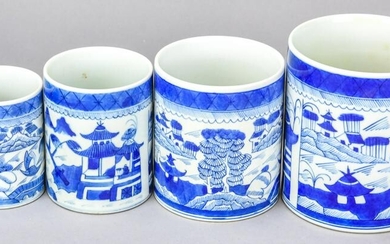 Chinese Canton Blue & White Porcelain Four Jars