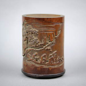 Chinese Carved Bamboo Brush Pot, Figures on Boat