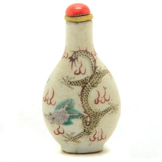 Chinese Famille Rose Porcelain Dragon Snuff Bottle.