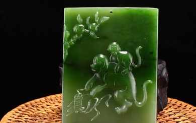 Chinese Natural Green Hetian Jade Monkey Pendant