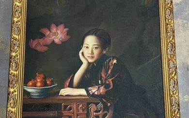 Chinese Oil Painting on Board of a Seated Beauty with a